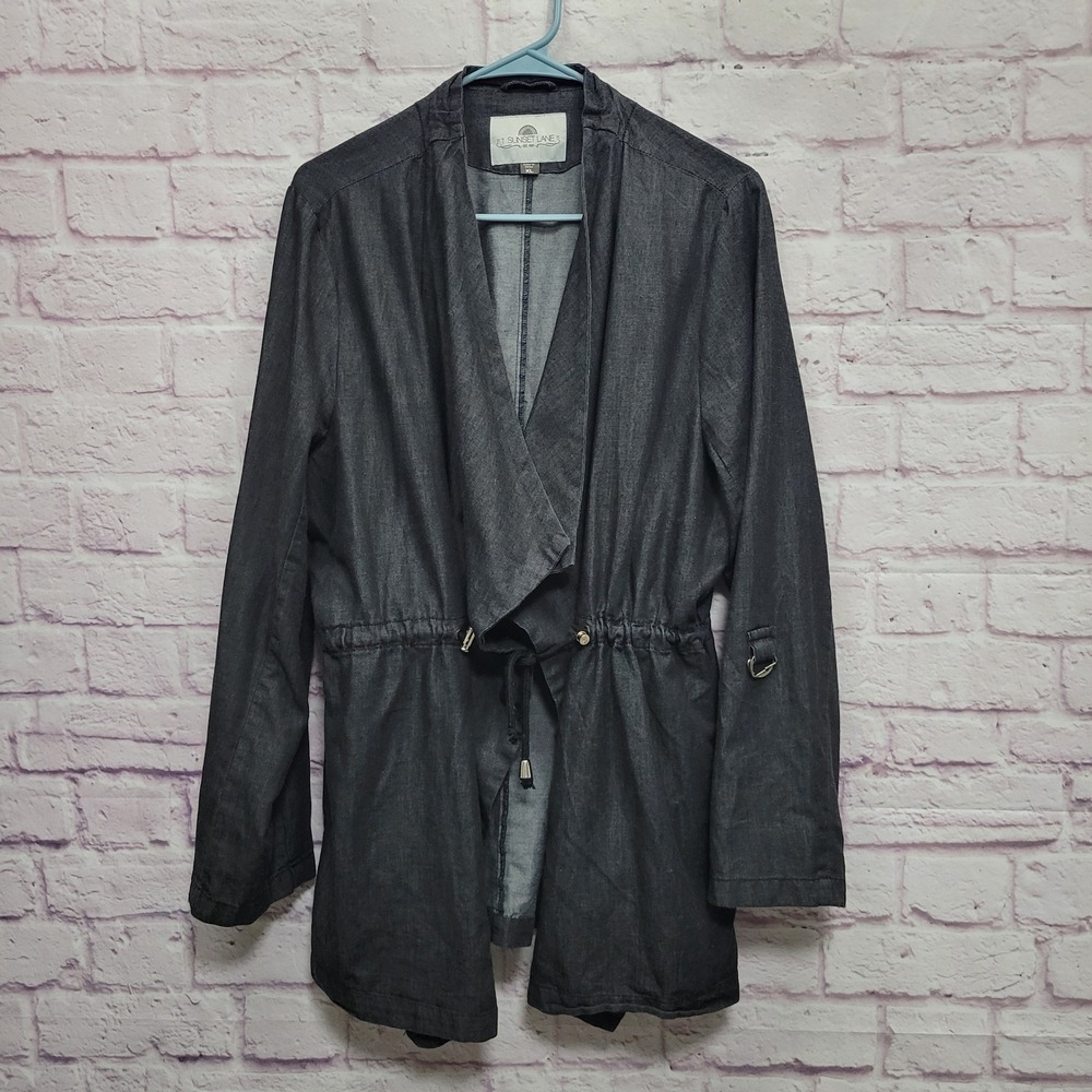 1 Sunset Lane Charcoal Jacket Women XL Drape Neck Open Front Cinch Waist Minimal